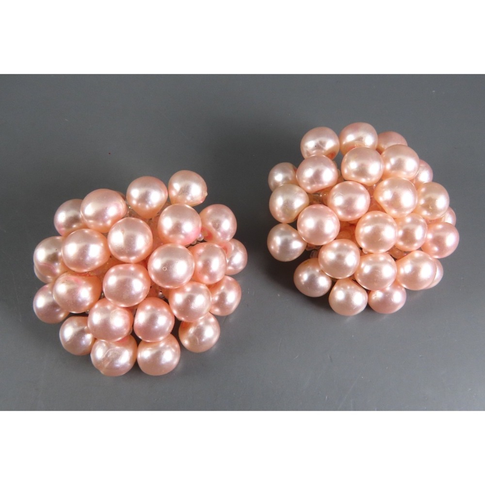 Vintage PINK FAUX PEARLS Beaded Cluster CLIP-ON EARRINGS w/Ab Crystal Seed Beads